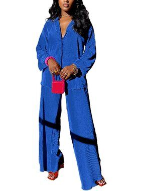 🆕Women's Royal Blue Casual 2 Piece Outfit Linen Long Sleeve Button Down Shirt
